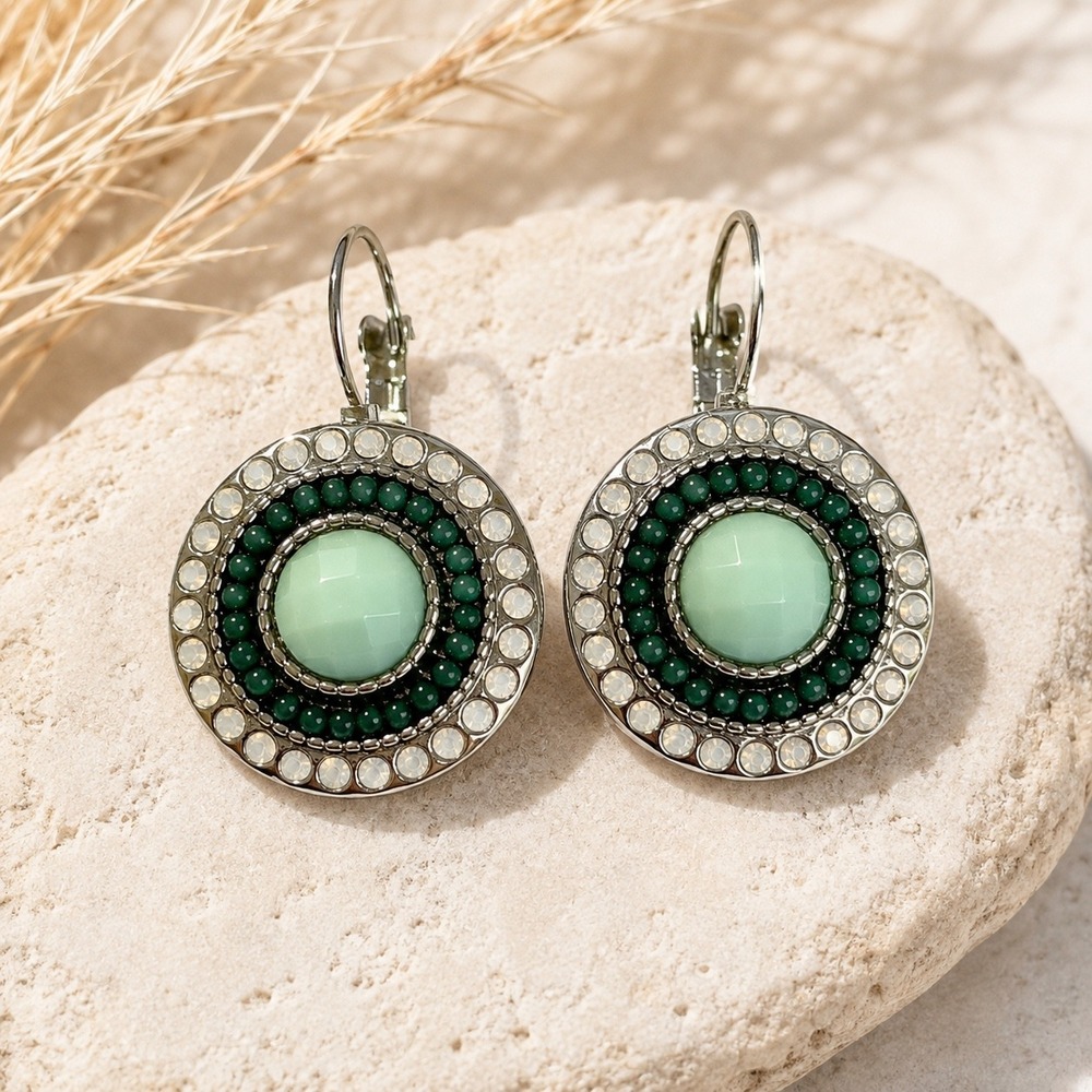 Mint Green Beaded Rhinestone Round Drop Earrings Silver Tone Boho